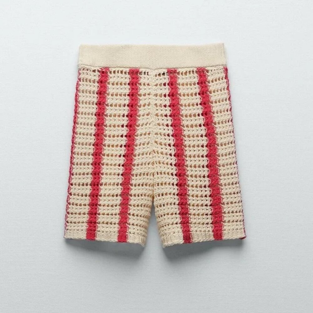 ZARA High Waisted Openwork Striped Knit Shorts, Size: Medium